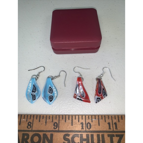 Jewelry - 2 Pair VINTAGE BLUE &Red‎ MURANO Venetian GLASS DANGLE EARRINGS